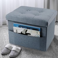 Linmagco Storage Ottoman Folding Foot Stool Ottoman Foot Rest With Side Pocket Modern Ottoman With Storage Short Sofa Stool Linen Cloth 17X13X13(Fogblue)