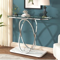 O&K Furniture Modern Console Tables For Entryway,Glass Entrance Table With Oval Frames And Marble Base,Chrome Glass Sofa Table For Living Room,Entryway,Hallway,Silver Glass&White Marble