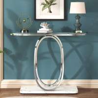 O&K Furniture Modern Console Tables For Entryway,Glass Entrance Table With Oval Frames And Marble Base,Chrome Glass Sofa Table For Living Room,Entryway,Hallway,Silver Glass&White Marble