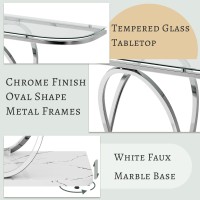 O&K Furniture Modern Console Tables For Entryway,Glass Entrance Table With Oval Frames And Marble Base,Chrome Glass Sofa Table For Living Room,Entryway,Hallway,Silver Glass&White Marble