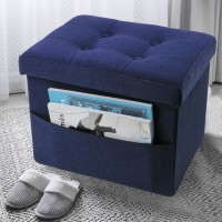 Linmagco Storage Ottoman Folding Foot Stool Ottoman Foot Rest With Side Pocket Modern Ottoman With Storage Short Sofa Stool Linen Cloth 17X13X13(Navy)