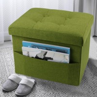 Linmagco Storage Ottoman Folding Foot Stool Ottoman Foot Rest With Side Pocket Modern Ottoman With Storage Short Sofa Stool Linen Cloth 17X13X13(Green)