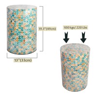 PEMAR Mother of Pearl Inlaid Cylinder Drum End Table Nacre Capiz Shell Side Table Stool Drum Accent Table Coffee Bedside Side Table Round Nightstand and Vanity Stool (Colored Plaid)