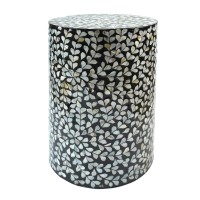 PEMAR Mother of Pearl Inlaid Cylinder Drum End Table Nacre Capiz Shell Side Table Stool Drum Accent Table Coffee Bedside Side Table Round Nightstand and Vanity Stool (Floral)