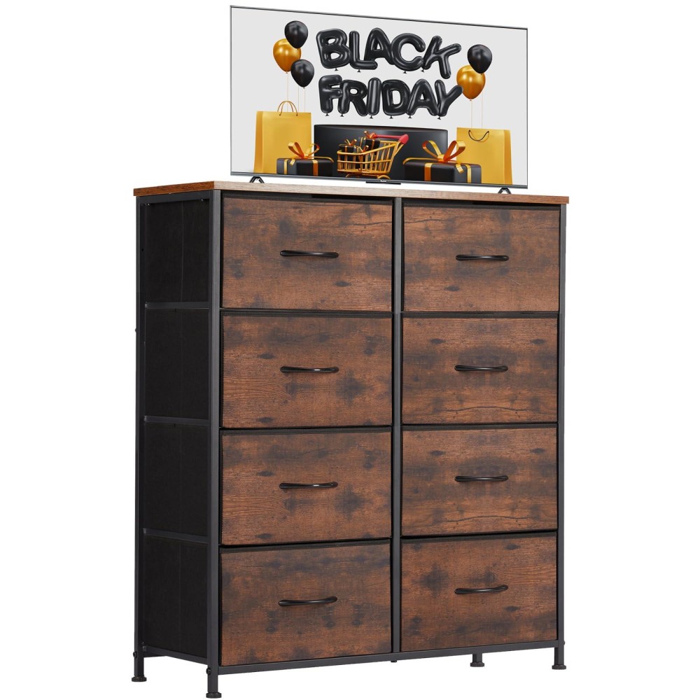 Dresser For Bedroom, Drawer Dresser Organizer Storage With 8 Drawers Short Dresser, Chest Of Drawers With Fabric Bin, Steel Frame, Wood Top For Bedroom, Entryway