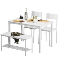 Soges 4 Person Dining Table Set,43.3 Inch Kitchen Table Set For 4,2 Chairs With Backrest,2-Person Bench With Storage, White Rack,Nesting Furniture Set For Dining Room And Restaurant, White