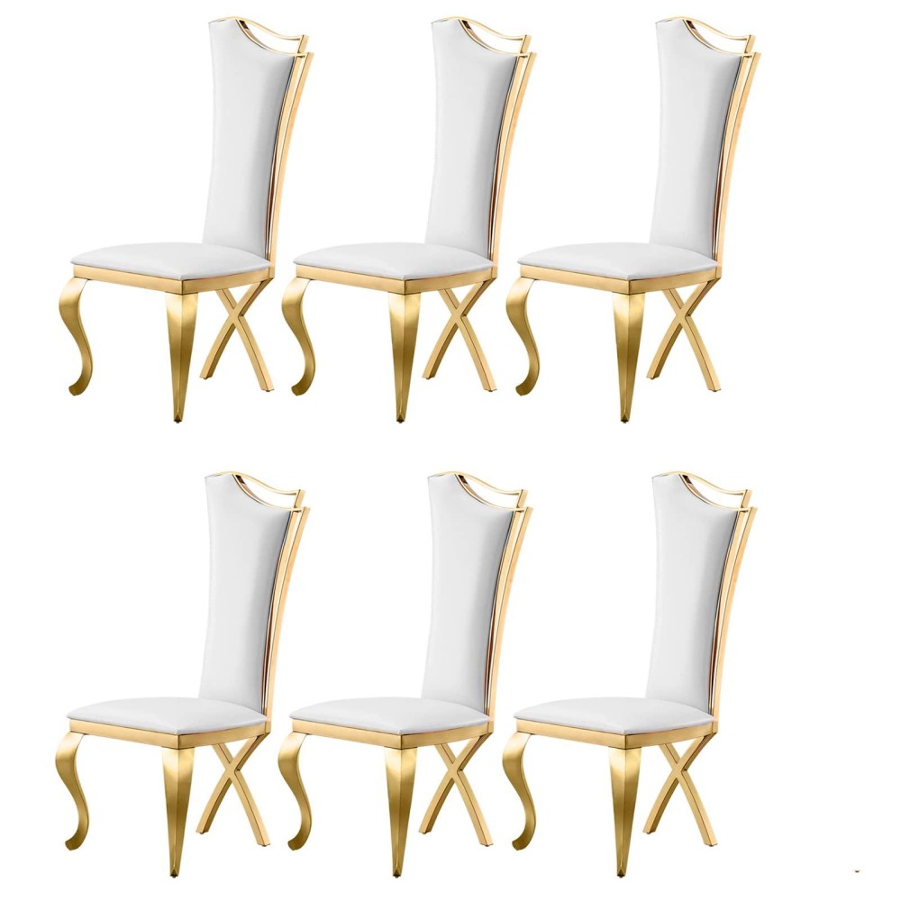 Elegant Dining Chairs Set of 6, Modern Faux Leather Dining Room Chair w/Unique High Back Golden Stainess Legs,White Luxury Upholstered Accent Kitchen Chairs for Kitchen, Dining, Bedroom, Living Room