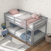 Giantex Twin Low Bunk Bed, Solid Wood Twin Over Twin Bunk Bed Frame With Full Guardrails & Integrated Ladder, Floor Twin Bunk Beds For Kids Boys And Girls, No Box Spring Needed, Grey