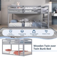 Giantex Twin Low Bunk Bed, Solid Wood Twin Over Twin Bunk Bed Frame With Full Guardrails & Integrated Ladder, Floor Twin Bunk Beds For Kids Boys And Girls, No Box Spring Needed, Grey