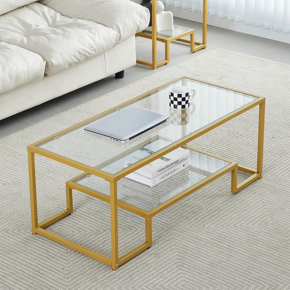 Golden Metal Glass Coffee Table - Two-Tiered With Tempered Glass, Stylish Metal Frame Coffee Table For Bedroom, Dining Room, Office Room.