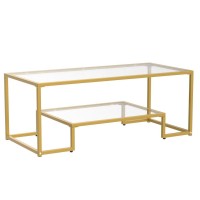 Golden Metal Glass Coffee Table - Two-Tiered With Tempered Glass, Stylish Metal Frame Coffee Table For Bedroom, Dining Room, Office Room.