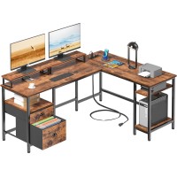 Furologee 66??L Shaped Desk With Power Outlet, Reversible Computer Desk With File Drawer & 2 Monitor Stands, Home Office Desk With Storage Shelves, Corner Desk For Gaming Writing, Rustic Brown