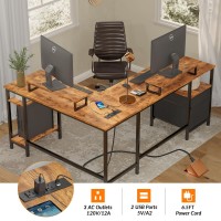 Furologee 66??L Shaped Desk With Power Outlet, Reversible Computer Desk With File Drawer & 2 Monitor Stands, Home Office Desk With Storage Shelves, Corner Desk For Gaming Writing, Rustic Brown