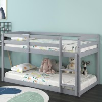 Komfott Low Bunk Bed Twin Over Twin, Solid Wood Bunk Bed Frame With Built-In Ladder & Safety Guardrails, Space-Saving Low Bunk Bed For Kids, Teens, No Box Spring Needed (Gray)