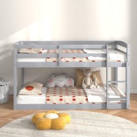 Komfott Low Bunk Bed Twin Over Twin, Solid Wood Bunk Bed Frame With Built-In Ladder & Safety Guardrails, Space-Saving Low Bunk Bed For Kids, Teens, No Box Spring Needed (Gray)