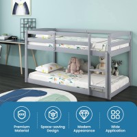 Komfott Low Bunk Bed Twin Over Twin, Solid Wood Bunk Bed Frame With Built-In Ladder & Safety Guardrails, Space-Saving Low Bunk Bed For Kids, Teens, No Box Spring Needed (Gray)