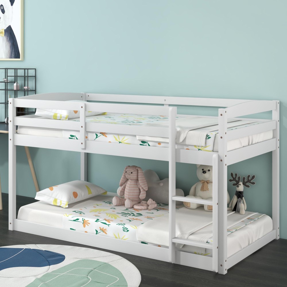 Komfott Low Bunk Bed Twin Over Twin, Solid Wood Bunk Bed Frame With Built-In Ladder & Safety Guardrails, Space-Saving Low Bunk Bed For Kids, Teens, No Box Spring Needed (White)