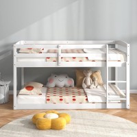 Komfott Low Bunk Bed Twin Over Twin, Solid Wood Bunk Bed Frame With Built-In Ladder & Safety Guardrails, Space-Saving Low Bunk Bed For Kids, Teens, No Box Spring Needed (White)