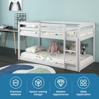 Komfott Low Bunk Bed Twin Over Twin, Solid Wood Bunk Bed Frame With Built-In Ladder & Safety Guardrails, Space-Saving Low Bunk Bed For Kids, Teens, No Box Spring Needed (White)