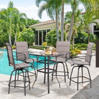 Vongrasig 5 Piece Patio Swivel Bar Set All Weather Metal Textilene High Swivel Bar Stools Chair Set Of 4 And High Glass Bar Tab