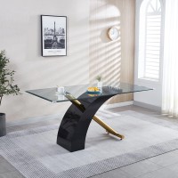 Contemporary 62.99 Tempered Glass Dining Table,Modern Design Rectangular Kitchen Dining Room Table with Clear Glass Top and X-Shape Pedestal, Dining Table for Home Kitchen Dinner(No Chairs)