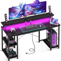 Odk 48 Inch Gaming Desk With Led Lights Power Outlets Computer Desk With Monitor Stand Storage Sheves Cpu Stand Home Offi