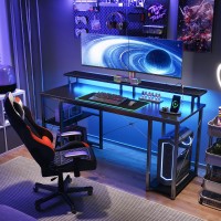 Odk 48 Inch Gaming Desk With Led Lights Power Outlets Computer Desk With Monitor Stand Storage Sheves Cpu Stand Home Offi