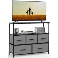 Sweetcrispy Grey, Entertainment Center With 5 Fabric, Media Console Table Open Storage Shelf Dresser For Bedroom/Living Room/Hallway, Tv Stand With 5 Drawers