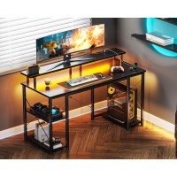 Odk 55 Inch Gaming Desk With Led Lights Power Outlets Computer Desk With Monitor Stand Storage Sheves Cpu Stand Home Offi