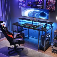 Odk 55 Inch Gaming Desk With Led Lights Power Outlets Computer Desk With Monitor Stand Storage Sheves Cpu Stand Home Offi