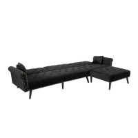 Lch Velvet Convertible Sleeper Sectional Sofa Bed,Reversible L Shaped Button Tufted Couch Furniture Set With Chaise Lounge 2 Pillows For Living Room, Black