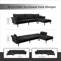 Lch Velvet Convertible Sleeper Sectional Sofa Bed,Reversible L Shaped Button Tufted Couch Furniture Set With Chaise Lounge 2 Pillows For Living Room, Black