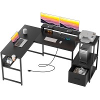 Greenforest 69 Inch L Shaped Computer Desk With Drawers And Printer Stand, Gaming Desk With Power Outlet, Monitor Shelf, Storage Shelves And Hooks For Home Office Working, Writing, Studying, Black