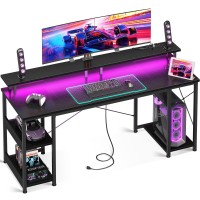 Odk 63 Inch Computer Desk With Power Outlets Led Lights Gaming Desk With Monitor Stand Storage Sheves Home Office Desk Bl