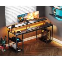 Odk 63 Inch Computer Desk With Power Outlets Led Lights Gaming Desk With Monitor Stand Storage Sheves Home Office Desk Bl