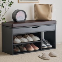 Apicizon Entryway Bench With Shoe Storage, Black, 2-Tier Shoe Rack, Padded Cushion, Wooden Frame