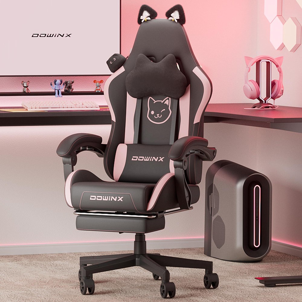 Dowinx Gaming Chair Cute With Cat Ears And Massage Lumbar Support Ergonomic Computer Chair For Girl With Footrest And Headrest