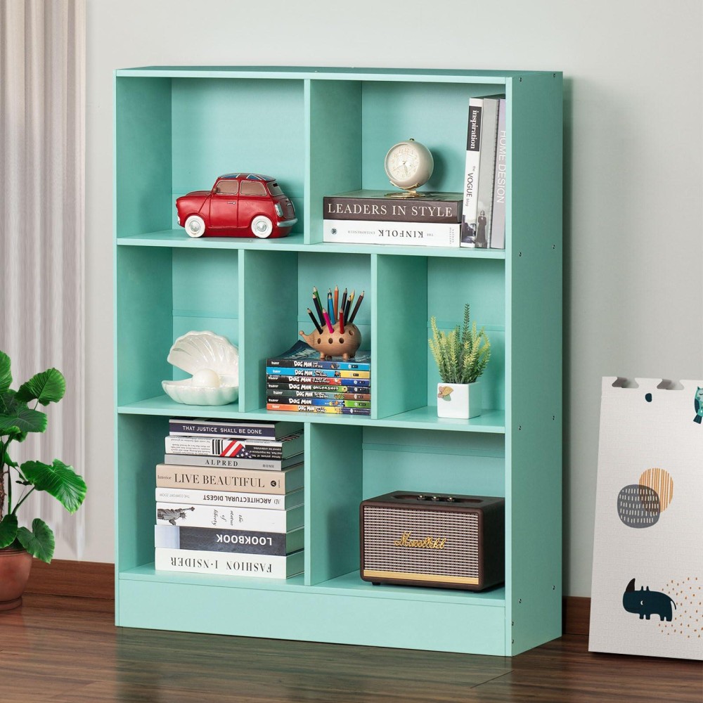 Leyaoyao 7 Cube Bookshelf With Base 3 Tier Modern Mintgreen Kids Bookcase Standing Wide Bookshelves Storage Organizer Toy Shelf