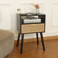 Maxsmeo Mid Century Modern Nightstand With Charging Station Bedside Tables With Rattan Drawer Small Wood Nightstand Side Table