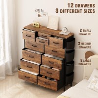 Lulive Dresser For Bedroom With 12 Drawers, Tall Dresser Chest Of Drawers With Side Pockets And Hooks, Fabric Dresser Storage Tower For Closet, Hallway, Living Room (Rustic Brown)