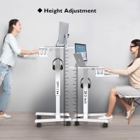 Bontec Mobile Standing Desk With Keyboard Tray, Mobile Podium, Computer Workstation Up To 33Lbs, Laptop Sit Or Stand Desk On Wheels, Height Adjustable Stand Up Table For Living Room, Bedroom, White