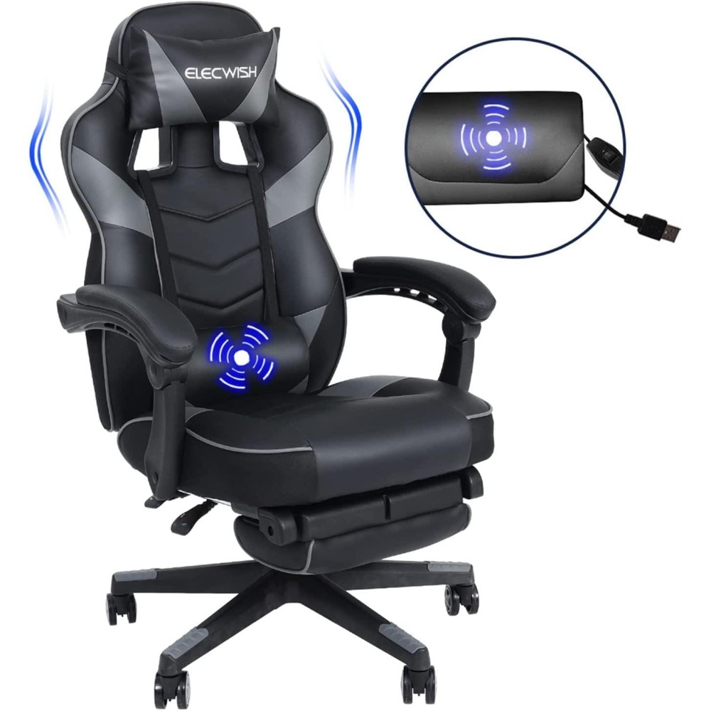 Artethys Gaming Chair With Massage For Adults Ergonomic Racing Style High Back Computer Chair With Footrest Headrest And Lumbar Support Pu Leather 90-150 Degree Tilt Grey