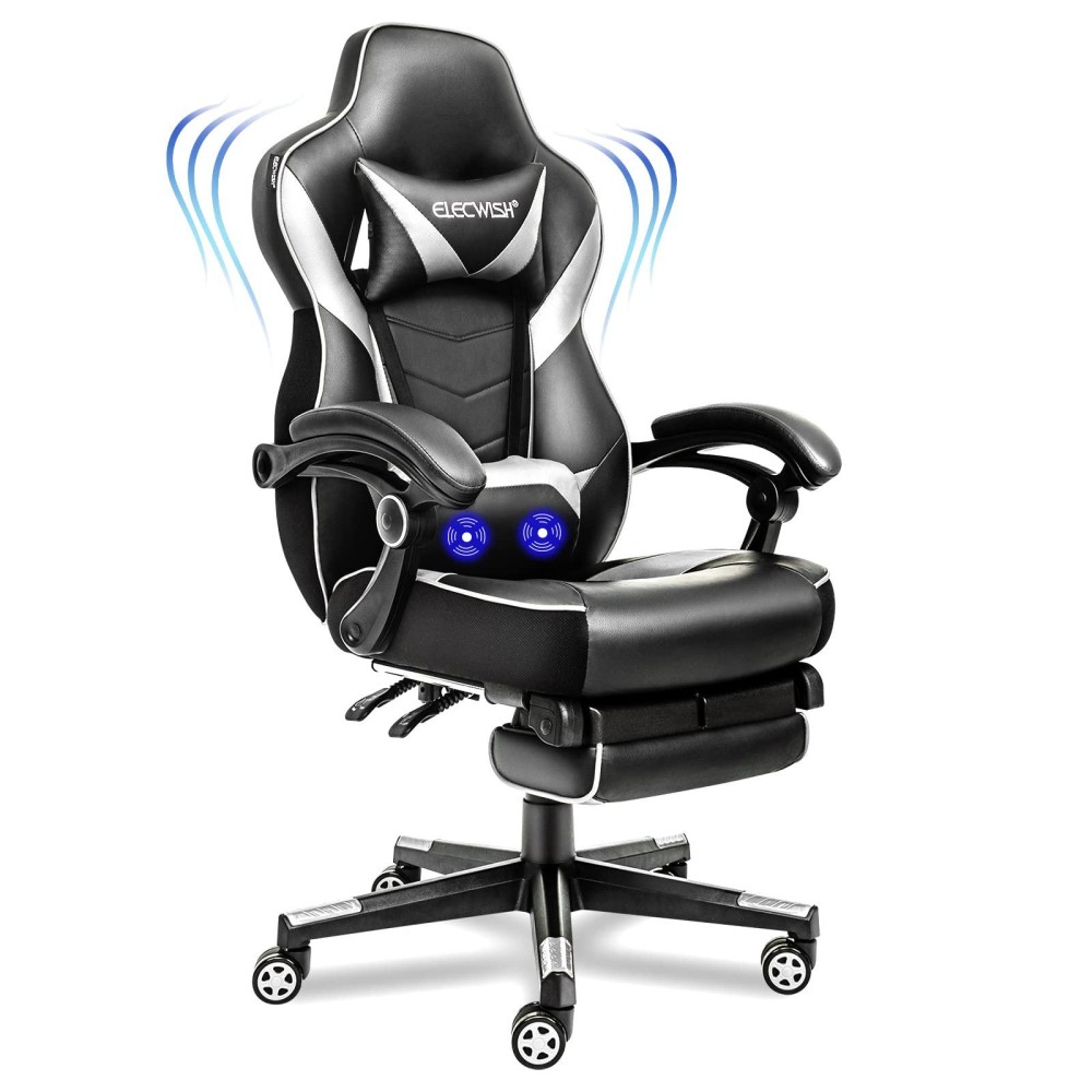 Artethys Gaming Chair With Massage For Adults Ergonomic Racing Style High Back Computer Chair With Footrest Headrest And Lumbar Support Pu Leather 90-150 Degree Tilt White