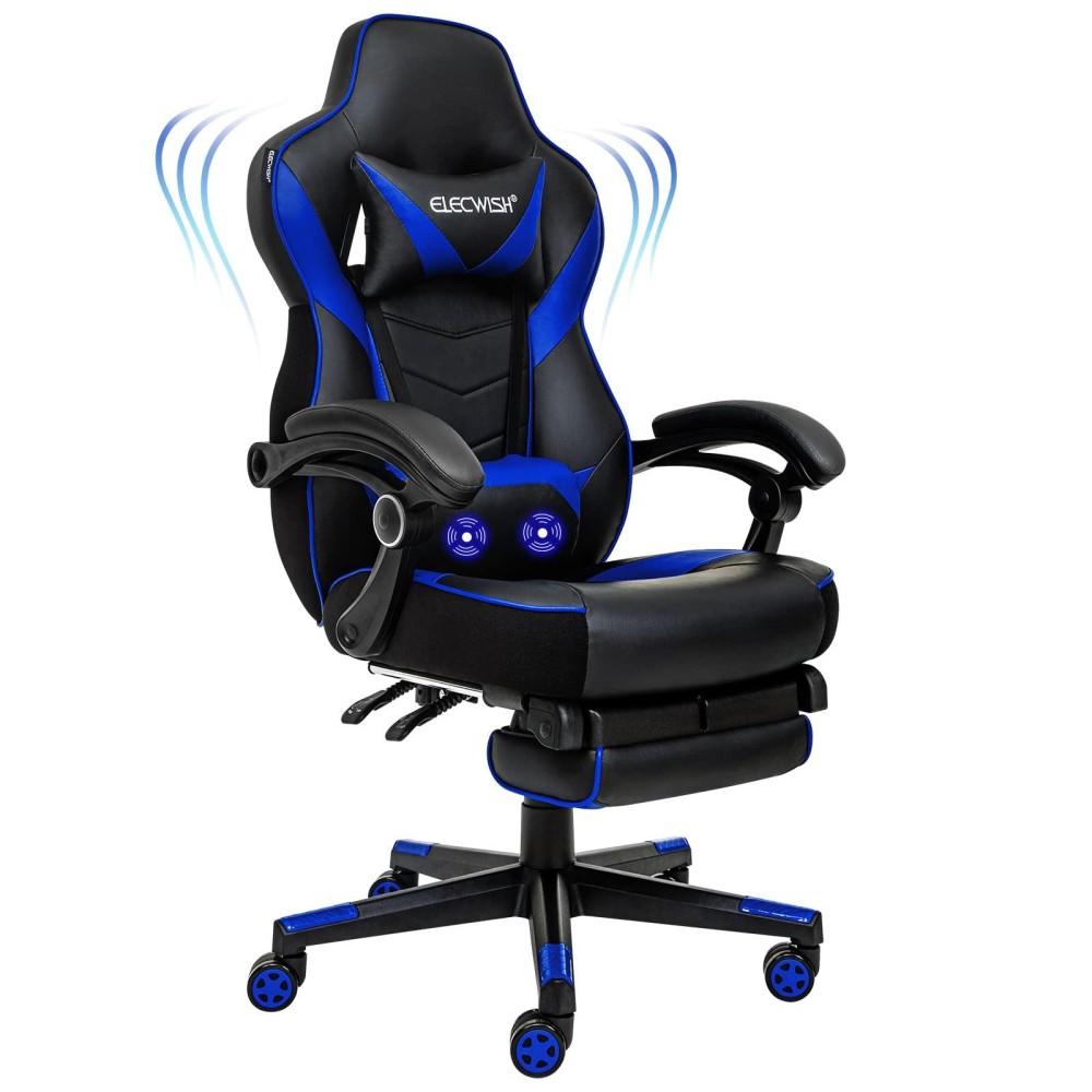 Artethys Gaming Chair With Massage For Adults Ergonomic Racing Style High Back Computer Chair With Footrest Headrest And Lumbar Support Pu Leather 90-150 Degree Tilt Blue