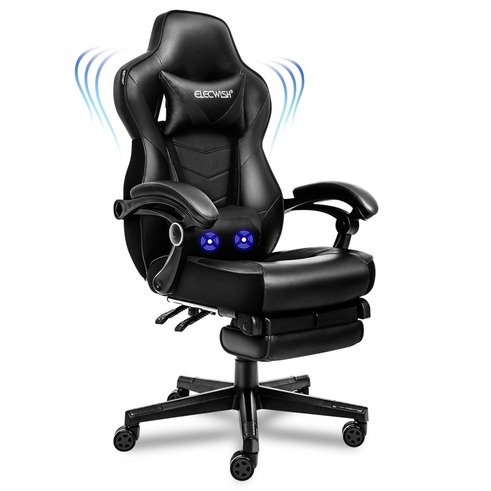 Artethys Gaming Chair With Massage For Adults Ergonomic Racing Style High Back Computer Chair With Footrest Headrest And Lumbar Support Pu Leather 90-150 Degree Tilt Black