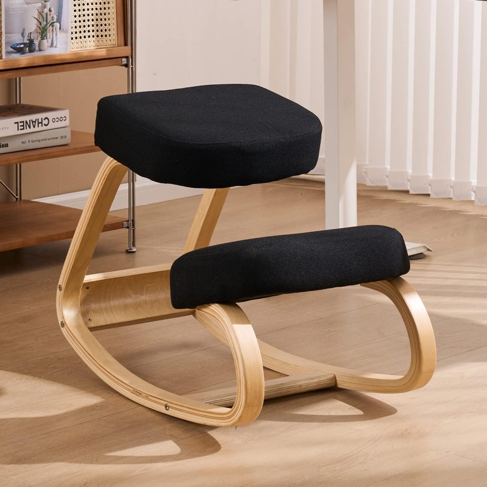 Hoeuthien Ergonomic Kneeling Chair Home Posture Chair Wooden Knee Desk Chair With Thick Comfortable Cushion For Office Beige