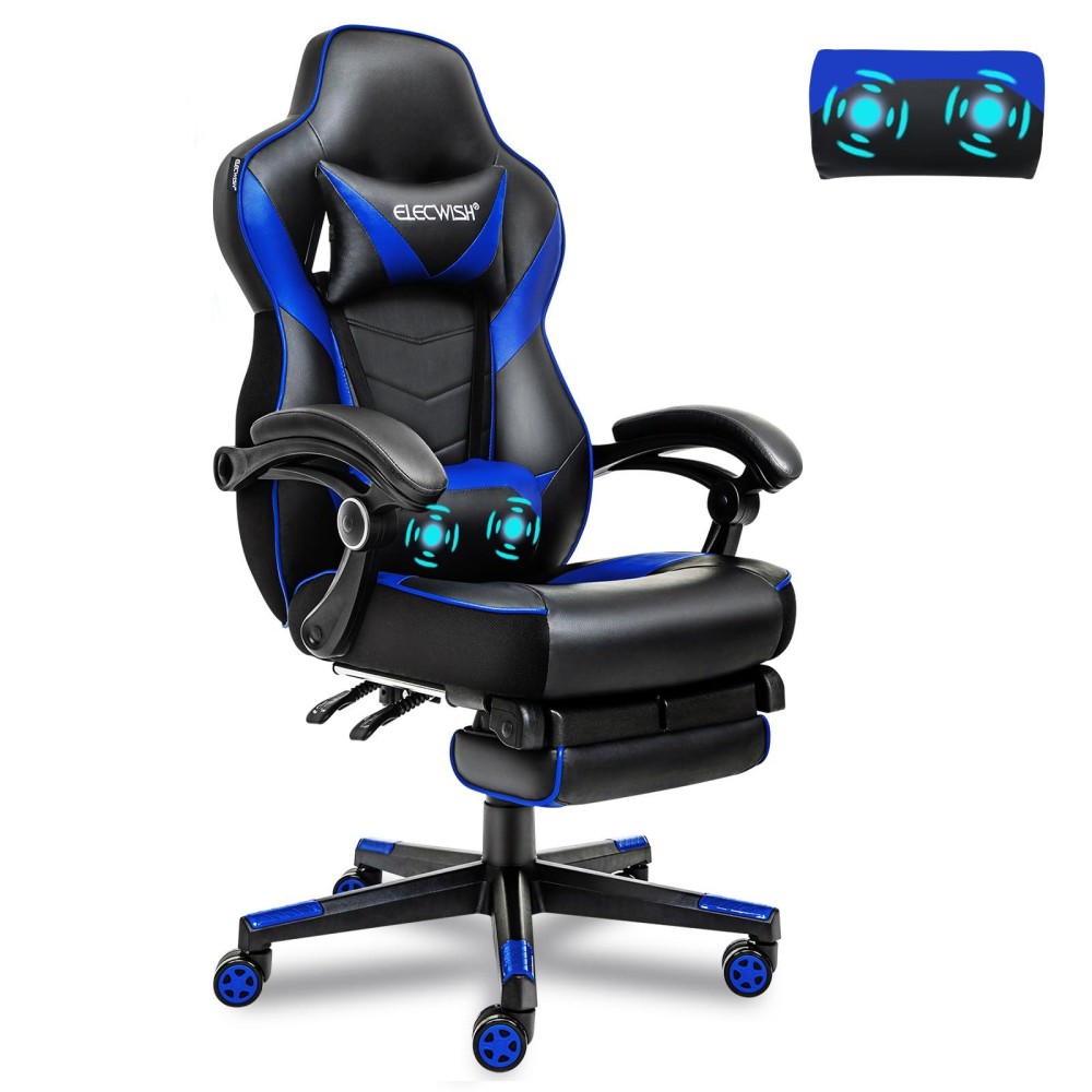 Elecwish Gaming Chair With Massager, Computer Gamer Chair With Footrest For Adults, Ergonomic High Back Game Chair With Recliner Armrests Headrest Pu Leather Swivel (Blue)