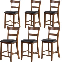 Nafort Counter Height Bar Stools Set Of 6, Farmhouse 25.5??Solid Wood High Dining Chairs With Cushion, Counter Stools With Back For Kitchen Restaurant Bar, Rubberwood Legs & Black Pu Leather Cushion