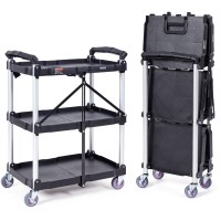 Vevor Foldable Utility Service Cart, 3 Shelf 165Lbs Heavy Duty Plastic Rolling Cart With 360 Swivel Wheels (2 With Brakes), Ergonomic Handle, Portable Garage Tool Cart For Warehouse Office Home