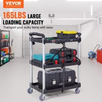 Vevor Foldable Utility Service Cart, 3 Shelf 165Lbs Heavy Duty Plastic Rolling Cart With 360 Swivel Wheels (2 With Brakes), Ergonomic Handle, Portable Garage Tool Cart For Warehouse Office Home